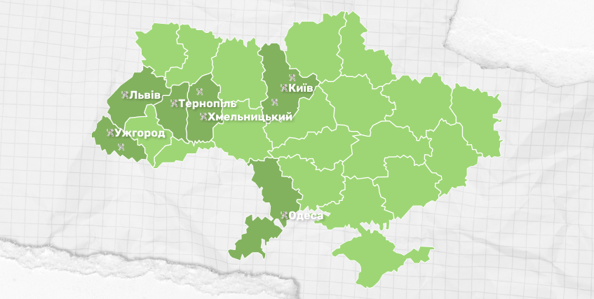 Карта Украины с отметками городов проведения соревнований (баннер)