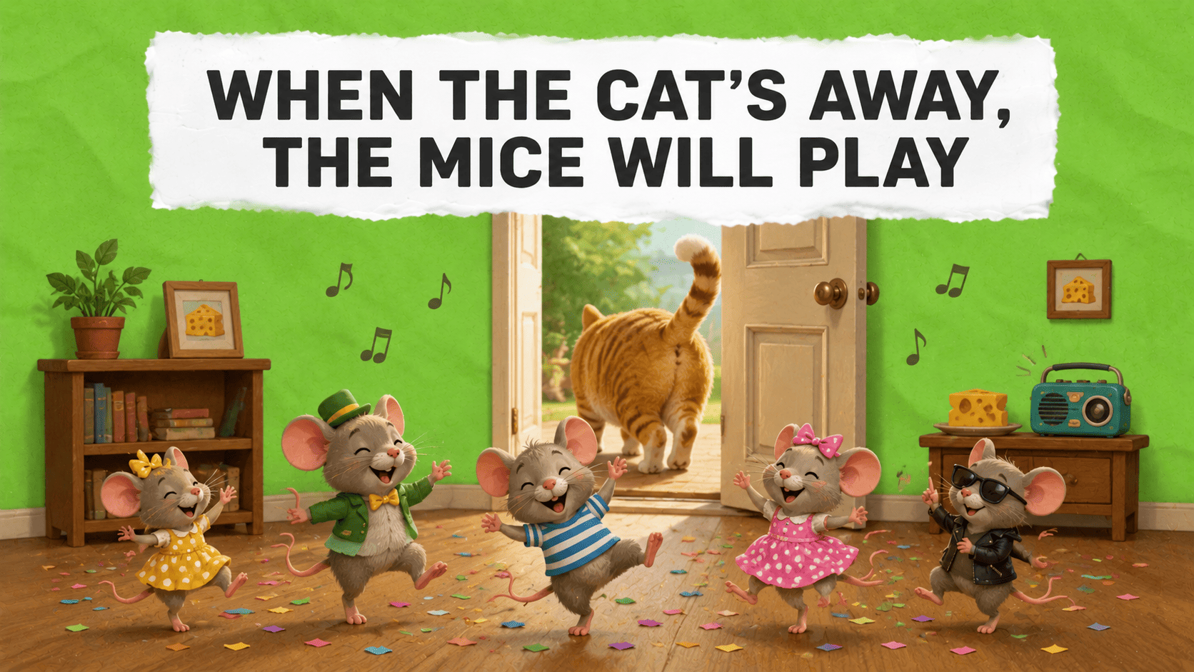 Английская идиома when the cat's away, the mice will play (изображение)
